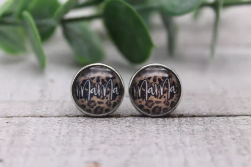 Mama on Leopard Glass Stud Earrings