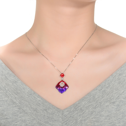 Collette Z Sterling Silver with Rhodium Plated Clear Round Cubic Zirconia Red-Purple Swirl Enamel Glass Curvy Diamond Necklace
