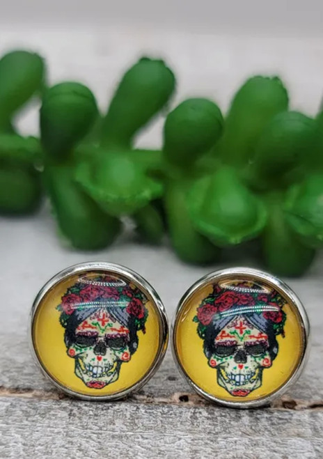 Floral Sugar Skull on Yellow || Glass Stud Earrings || Hypoallergenic