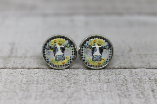 Sunflower Cow & Plaid  Glass Stud Earrings
