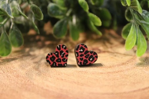 Pink Leopard Heart Stud Earrings