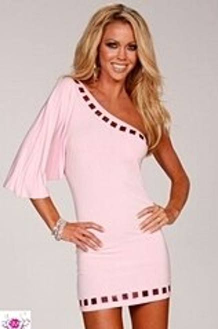 Flouncy One Sleeve Dress with Nailhead Trim