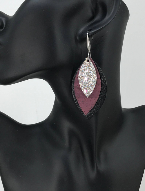 Leather, Cork and Glitter Layered Dangle Earrings
