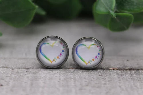 Colorful Heart & Handprints  Glass Stud Earrings