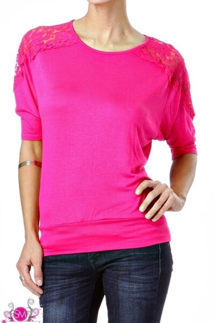 Fuchsia short sleeve top with lace details in the back