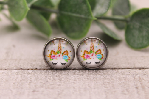 Floral Crown Unicorn  Glass Stud Earrings