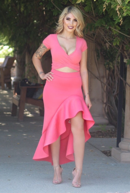 Zemirah Asymmetric Floral Ruffle Skirt Coral