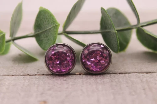 Magenta Confetti Dome  Stud Earrings