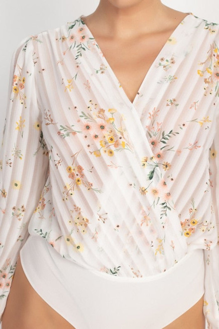 Serilda Long Sleeves Stripe Floral Wrap Bodysuit White