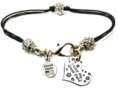 I Love My Great Dane Pewter Beaded Black Cord Bracelet