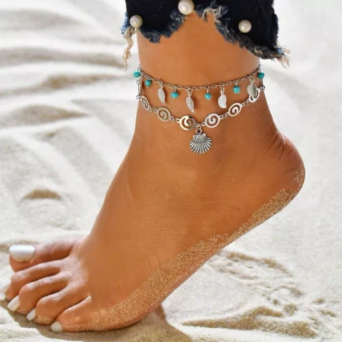 Bohemian Anklet Shell & Leaf Tassel Chain Boho Tribal Anklet Ankle Bracelet