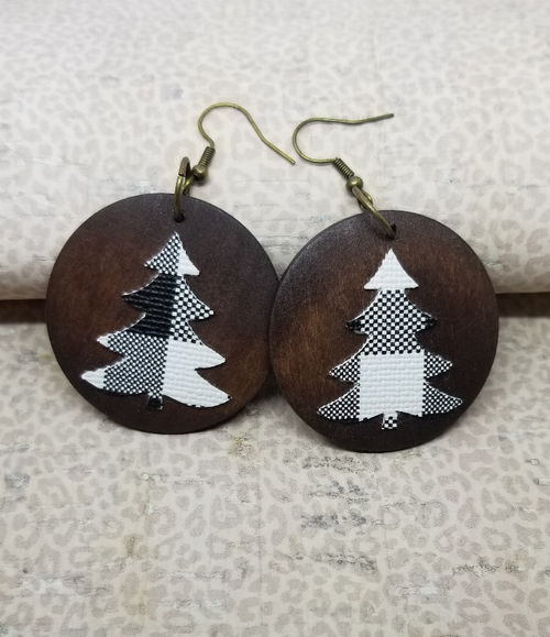 Buffalo Plaid "Christmas Tree" Wood Dangle Earrings