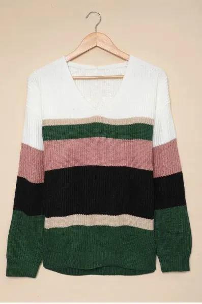 Colorblock V Neck Ribbed Knitted Sweater