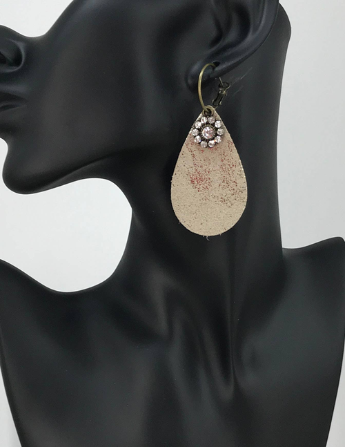 Platinum Leather & Rhinestone Hoop Earrings 