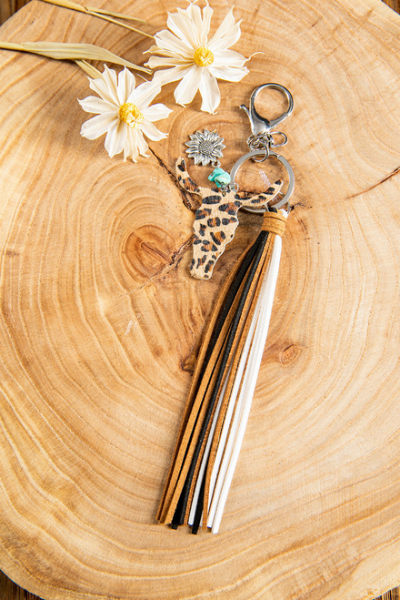 Leopard Print Steer Head Sunflower Tassel Keychain
