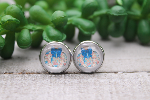 Beautiful Floral Pumpkin with Blue Bow || Glass Stud Earrings || Hypoallergenic