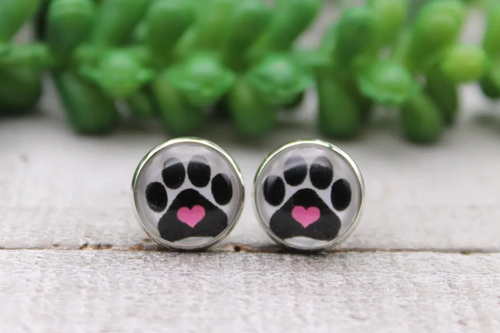 Paw Print w/ Pink Heart || Glass Stud Earrings || Hypoallergenic