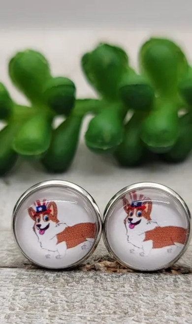 Patriotic Corgi || Glass Stud Earrings || Hypoallergenic