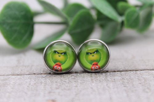 Grinch & His Dog Max | Glass Stud Earrings | Hypoallergenic