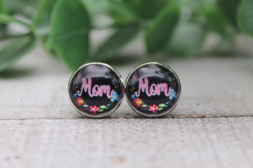 Mom Floral on Black | Glass Stud Earrings | Hypoallergenic