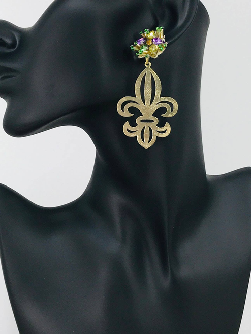 Mardi Gras Themed Fleur De Lis Pendant Stud Earrings 