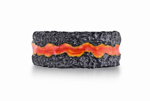 Fire in My Soul Black Rhodium Plated Sterling Silver Textured Red Orange Enamel Band Ring