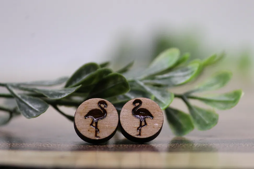 Flamingos || Wood Stud Earrings || Hypoallergenic