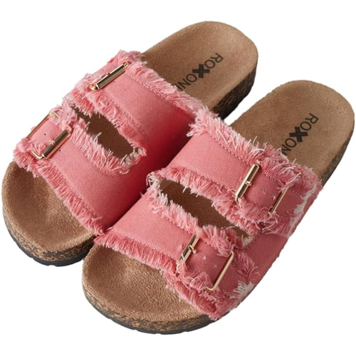 Womens Flat Sandals Cork Footbed Slides 2 Straps Adjustable Buckle Slip On Comfort Summer Suede