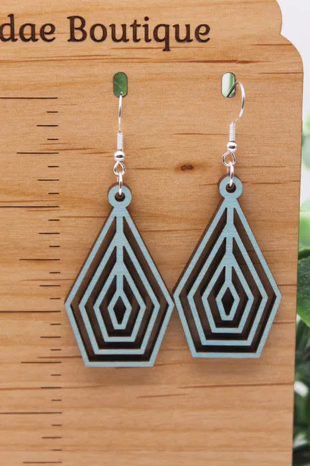 Blue Geo Pattern || Wood Dangle Earrings || Hypoallergenic