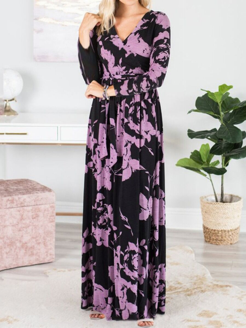 SURPLICE NECK BELTED FLORAL MAXI DRESS