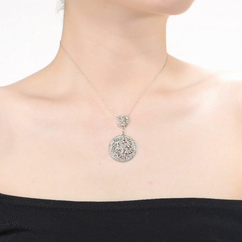 Collette Z Sterling Silver with Rhodium Plated Clear Round Cubic Zirconia Flower Pendant Necklace