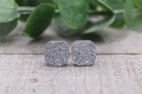 Glitz Clear  Square Druzy Stud Earrings
