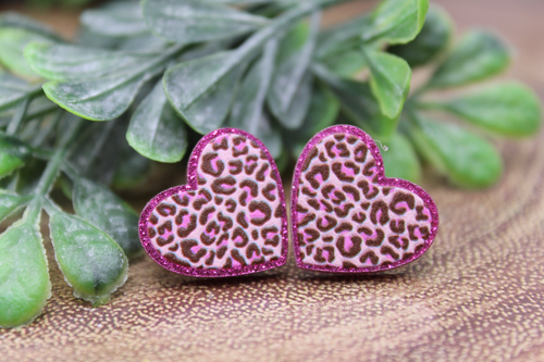 Pink Leopard Hearts | Stud Earrings | Hypoallergenic