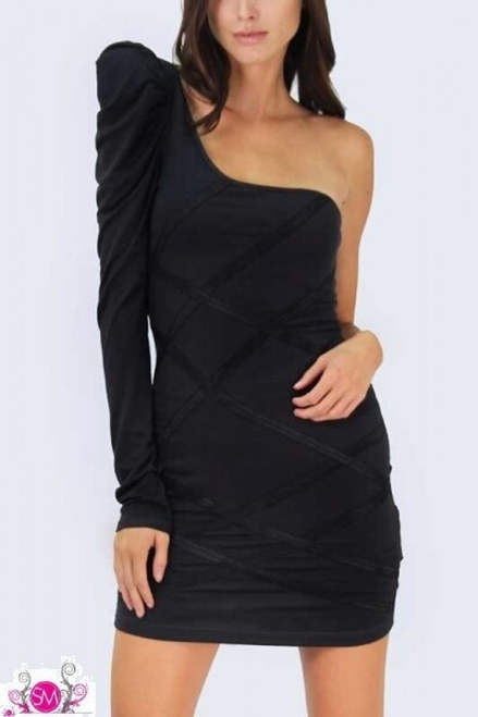 One arm puff shoulder dress with criss cross design