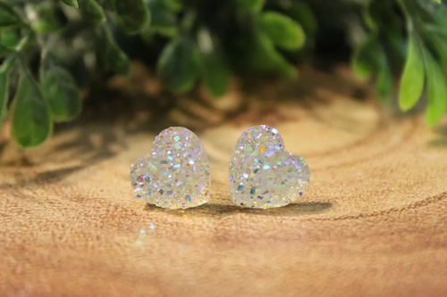 Iridescent Druzy Heart Stud Earrings