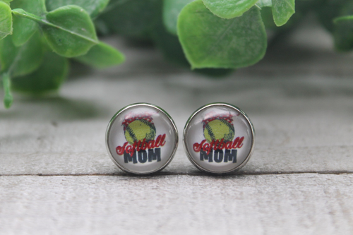 Softball Mom Red Polka Dot Bow  Glass Stud Earrings