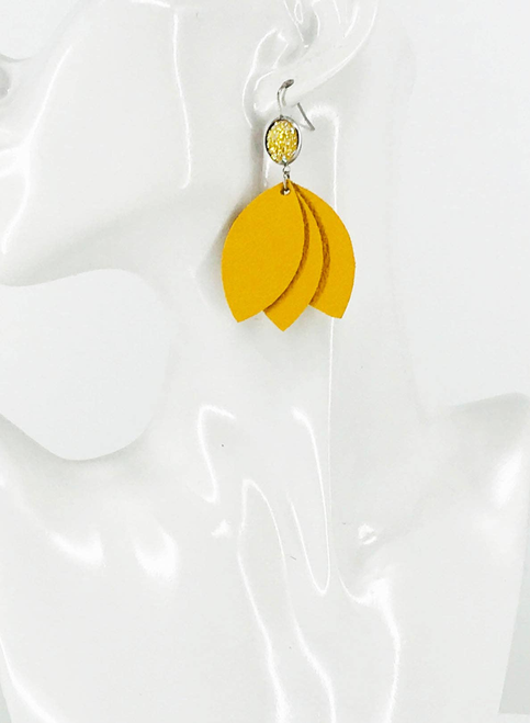 Faux Druzy and Mustard Yellow Leather Dangle Earrings