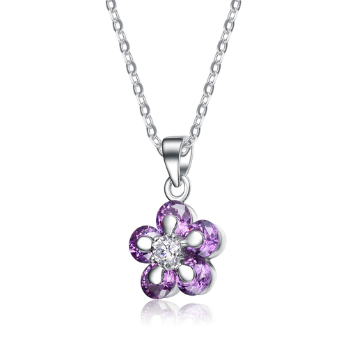 Collette Z Sterling Silver Purple and Clear Cubic Zirconia Flower Necklace