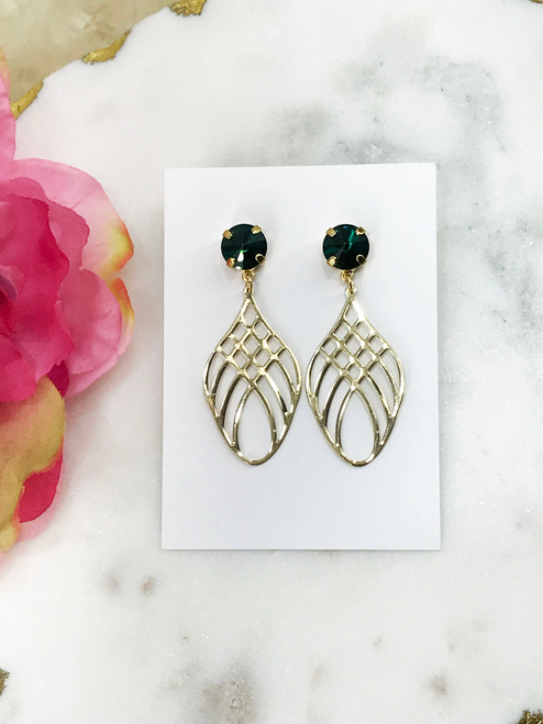 Genuine Crystal & Gold Pendant Stud Earrings 