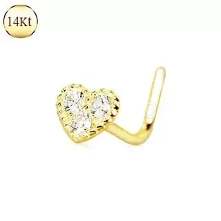 14Kt Yellow Gold Clear CZ Heart L Bend Nose Ring