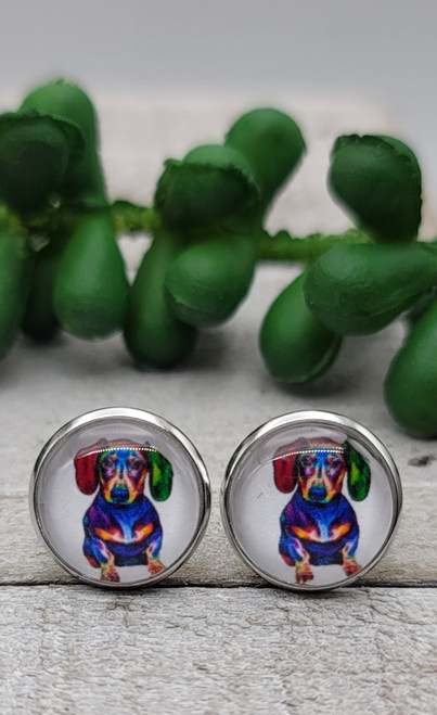 Watercolor Dachshund || Glass Stud Earrings || Hypoallergenic