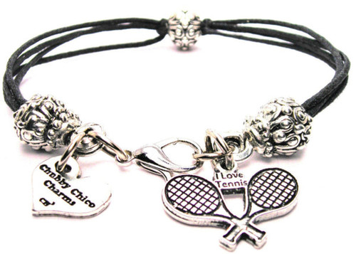 I Love Tennis With Crossed Racquets Pewter Beaded Black Cord Bracelet