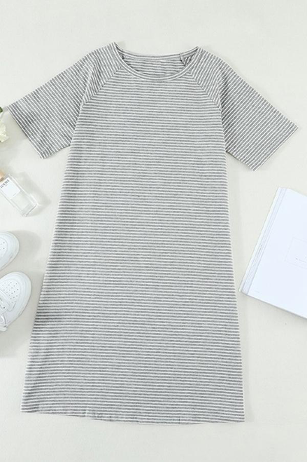 Gray Raglan Sleeve Striped Cotton-blend T-shirt Mini Dress