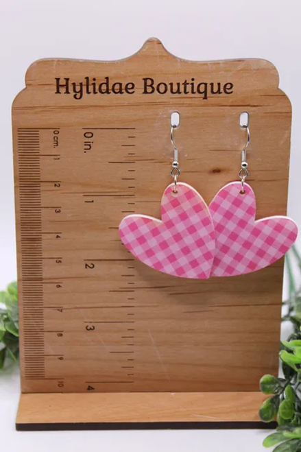 Pink Plaid Hearts || Drop Earrings