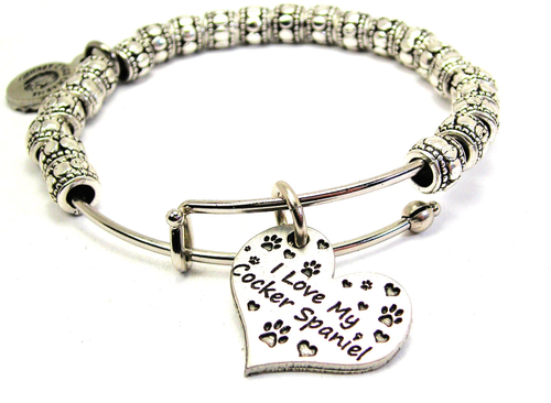 I Love My Cocker Spaniel Heart Metal Beaded Bangle Bracelet
