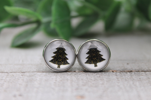 Fancy Christmas Tree on White | Glass Stud Earrings | Hypoallergenic