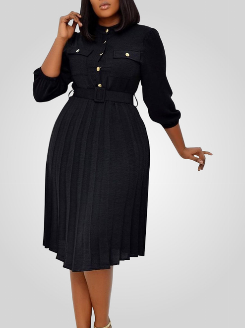 SOLID BUTTON PLEATED SHIRT DRESS WITH BELT