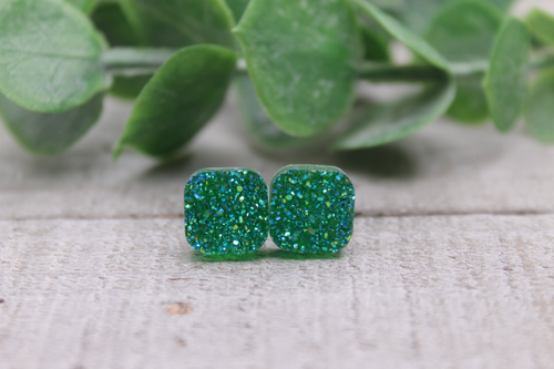 Glitz Green  Square Druzy Stud Earrings