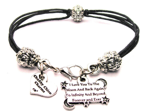 I Love You To The Moon And Back Again To Infinity And Beyond Pewter Beaded Black Cord Bracelet