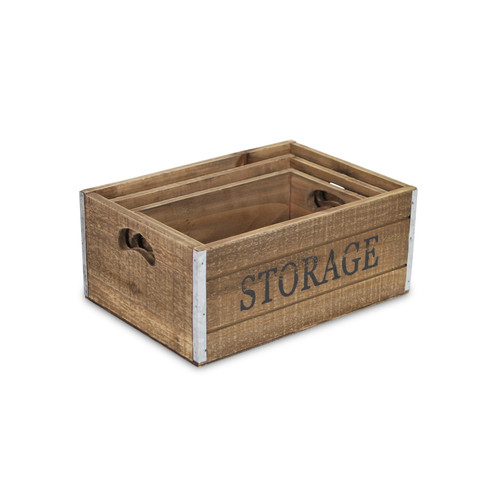 Set of Three Natural Solid Wood And Metal Crate